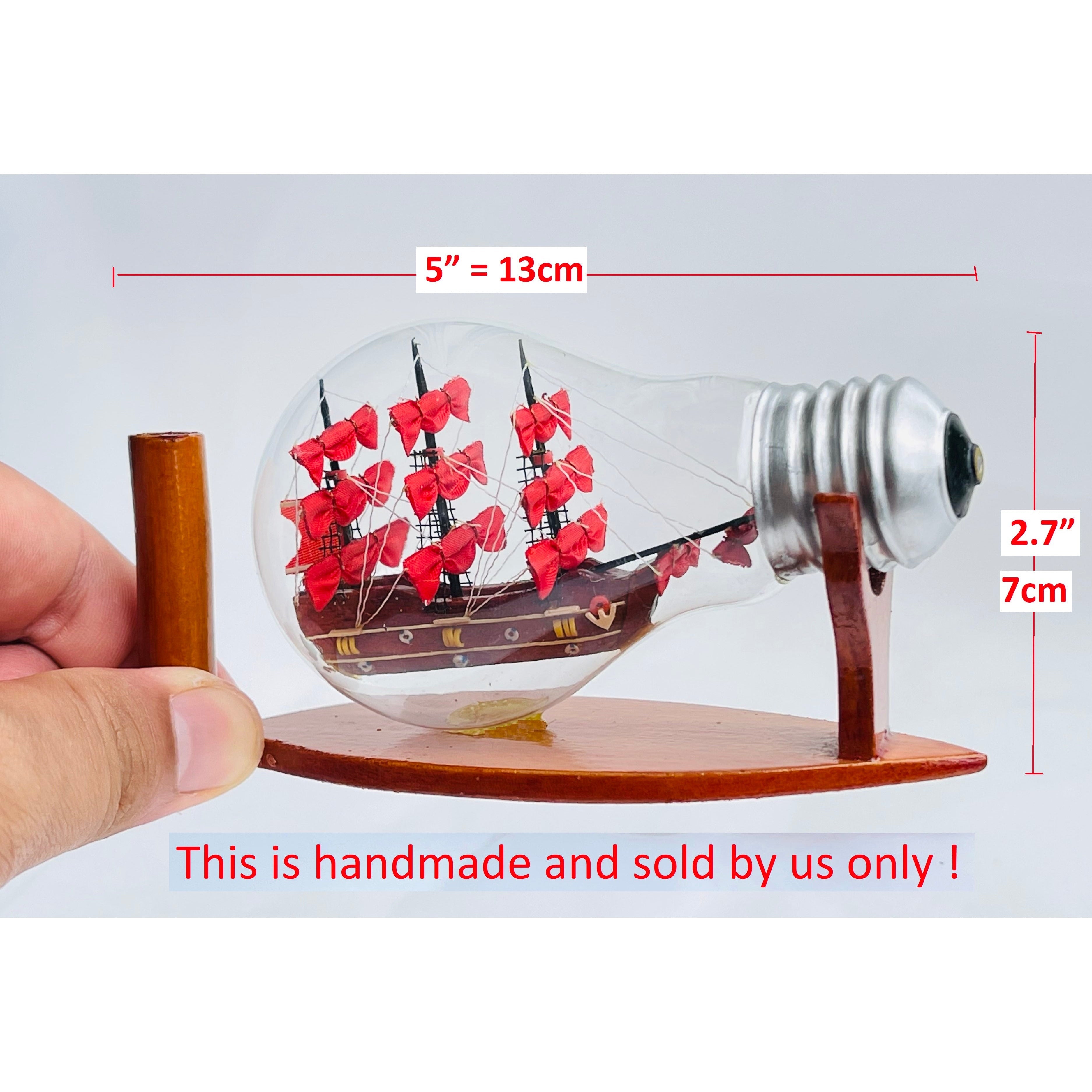 HMS Victory Ship Handmade Ship In Bottle Nautical Style With Red Sail - Vinacreations