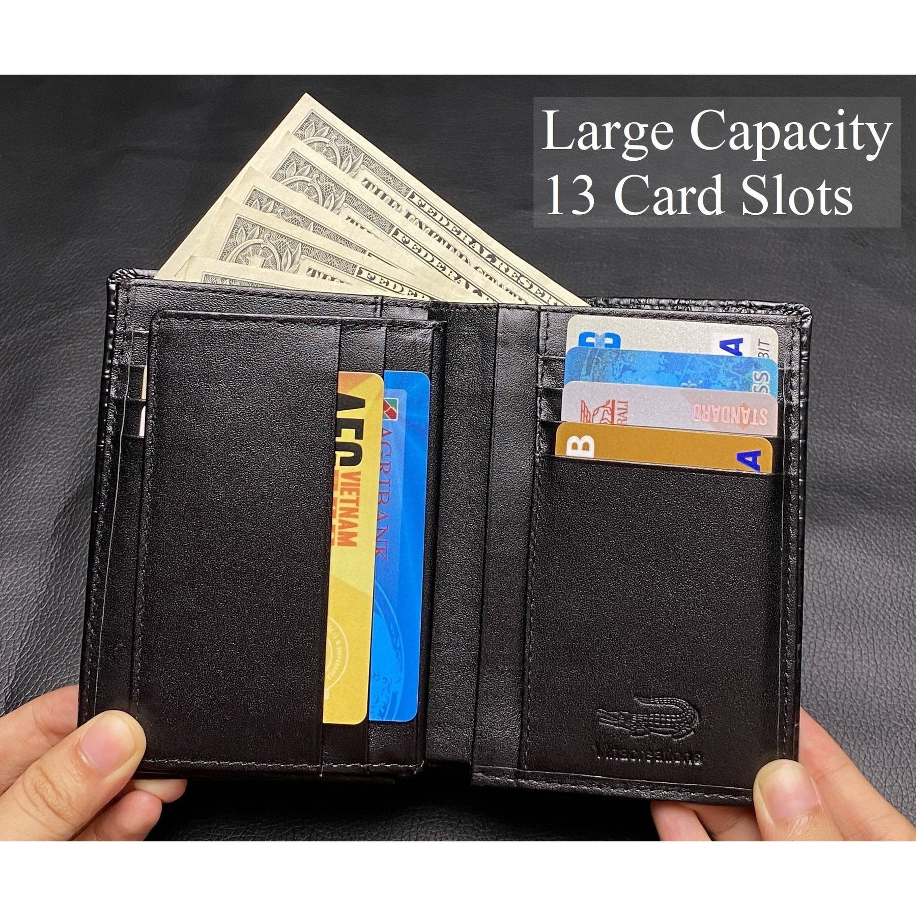 Large Capacity Alligator Leather Vertical Bifold Wallet | Crocodile Credit Card Holder for Men with 15 Card Slots | Black DUN11 - Vinacreations