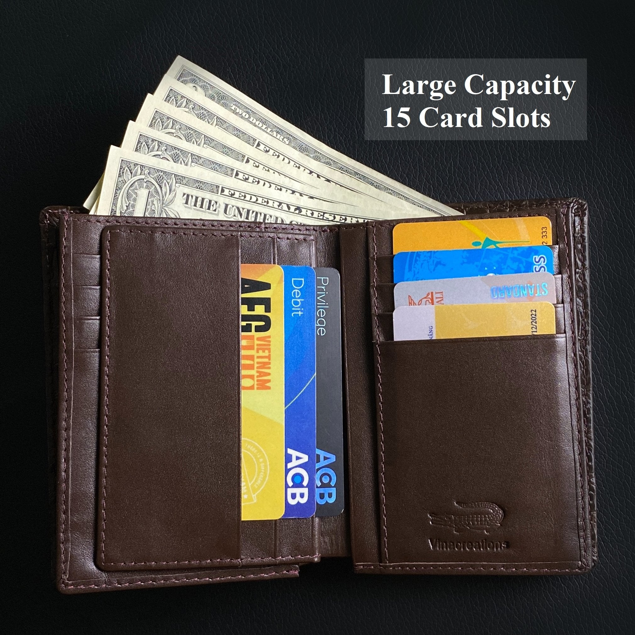 Large Capacity Alligator Leather Vertical Bifold Wallet | Crocodile Credit Card Holder for Men with 15 Card Slots | Dark Brown DUN33 - Vinacreations