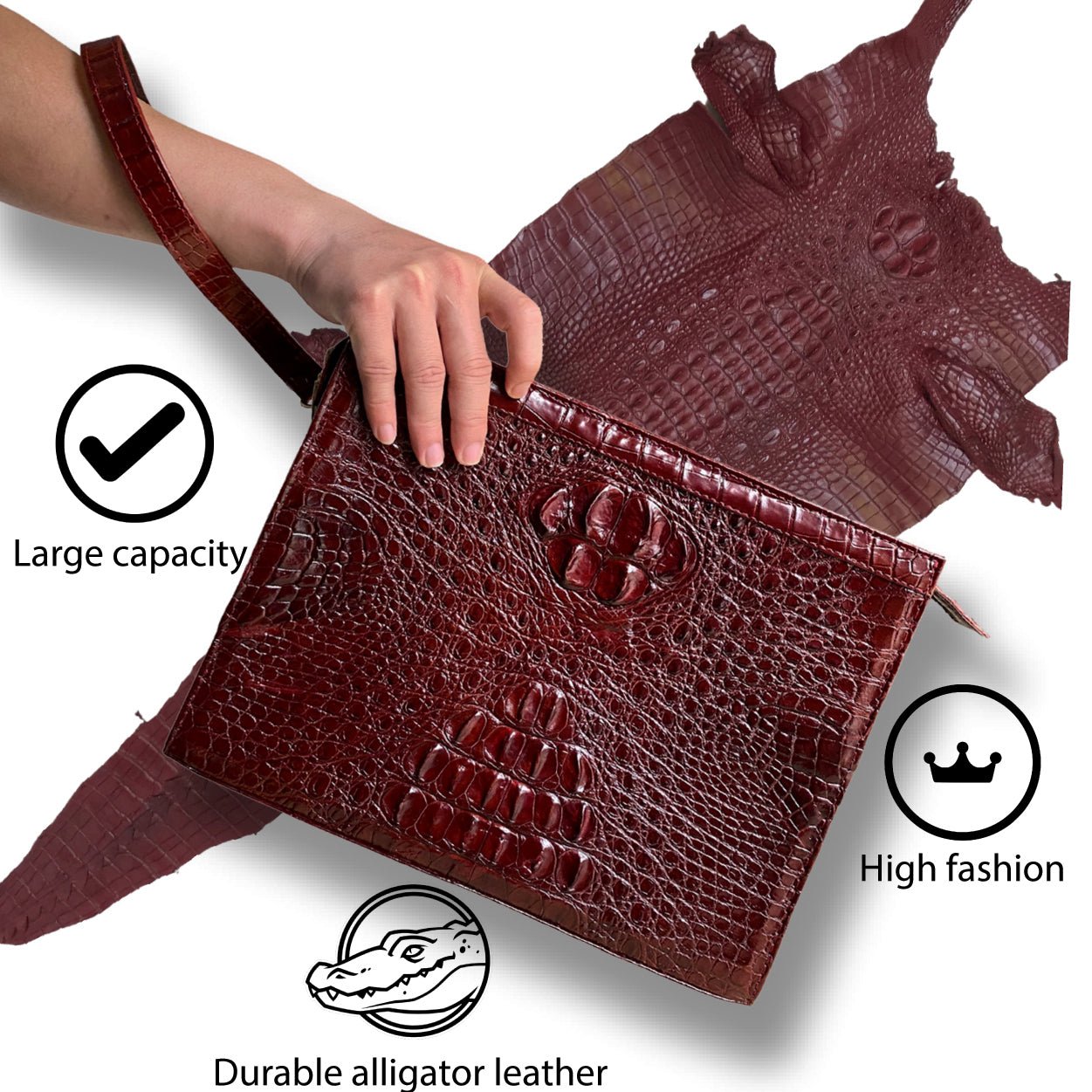 Light Brown Alligator Mens Big Wristlet Clutch Purse Business Bag Premium Crocodile Handbag RFID Blocking CLUT06 - Vinacreations