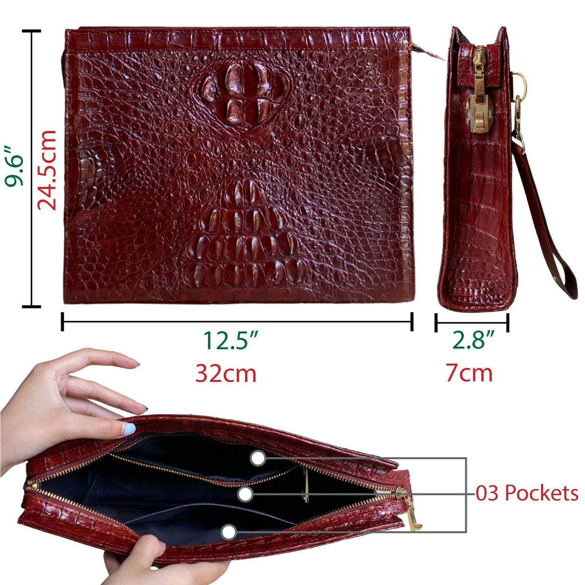Light Brown Alligator Mens Big Wristlet Clutch Purse Business Bag Premium Crocodile Handbag RFID Blocking CLUT06 - Vinacreations