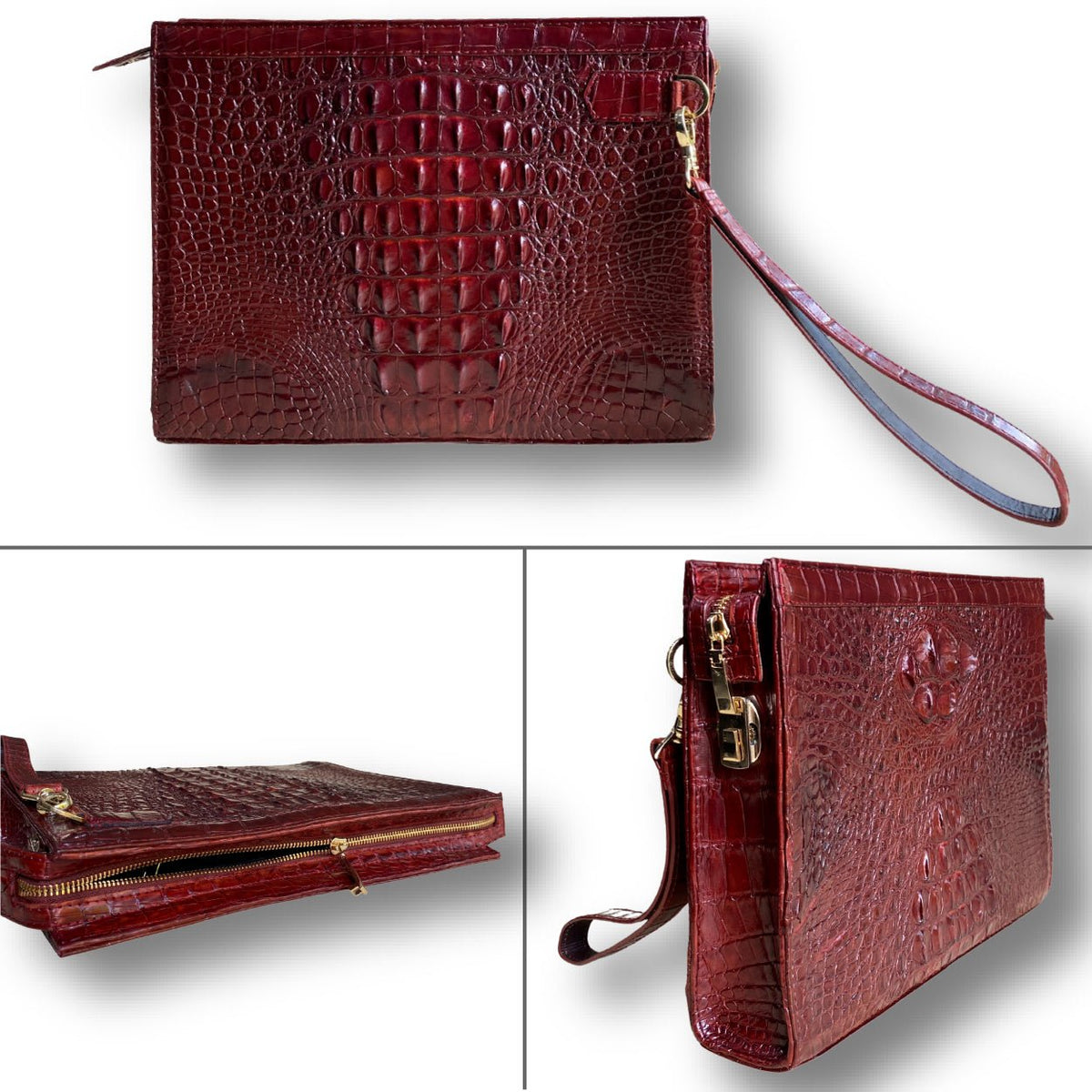 Light Brown Alligator Mens Big Wristlet Clutch Purse Business Bag Premium Crocodile Handbag RFID Blocking CLUT06 - Vinacreations