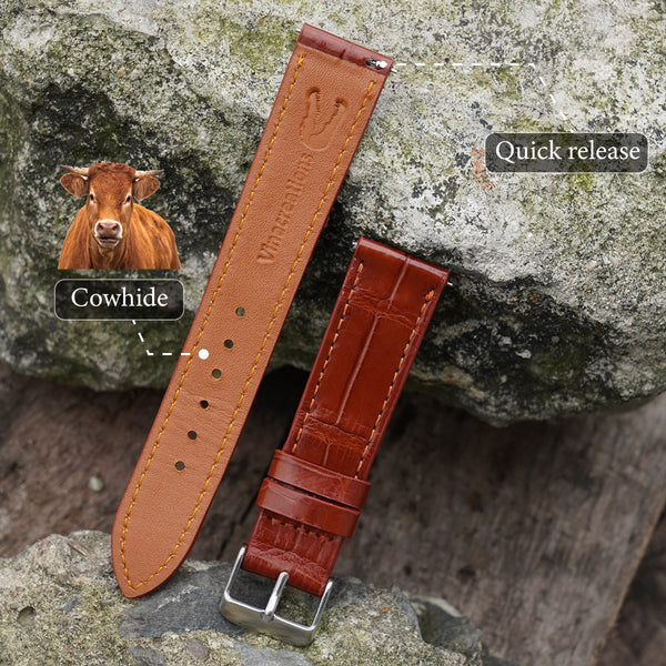 Flat Light Brown Deployment Alligator Leather Watch Band, Crocdile Watch Strap
