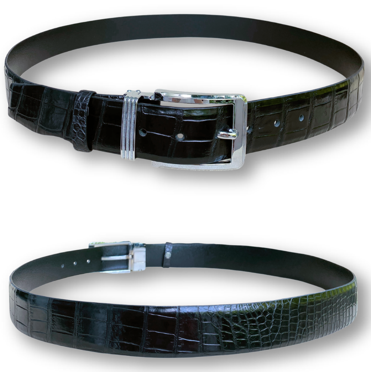 Men's Black Alligator Leather Belt - Pin Buckle 