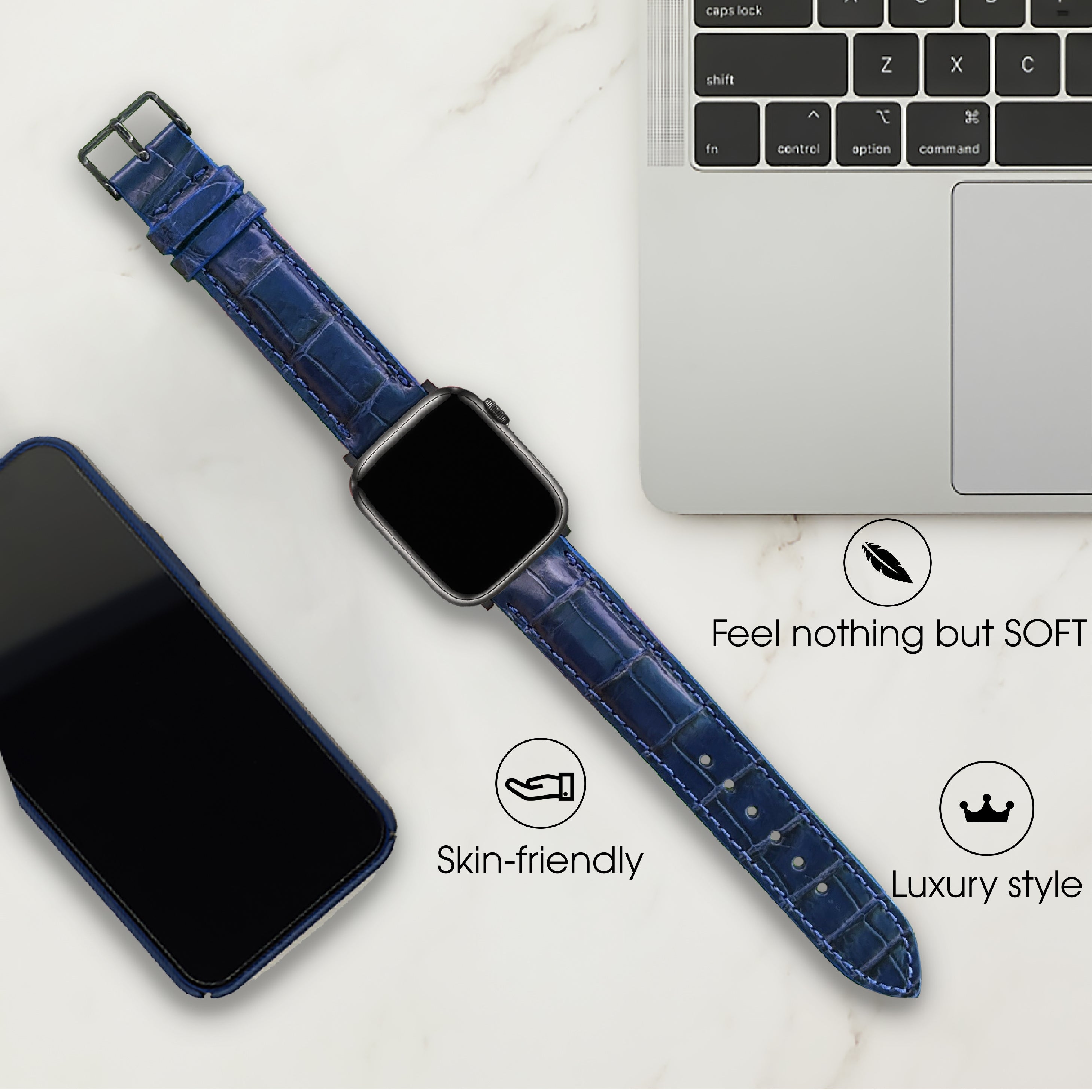 Navy Blue Alligator Leather Watch Band Compatible with Apple Watch IWatch Series 7 6 5 4 3 2 1 SE | AW-04 - Vinacreations