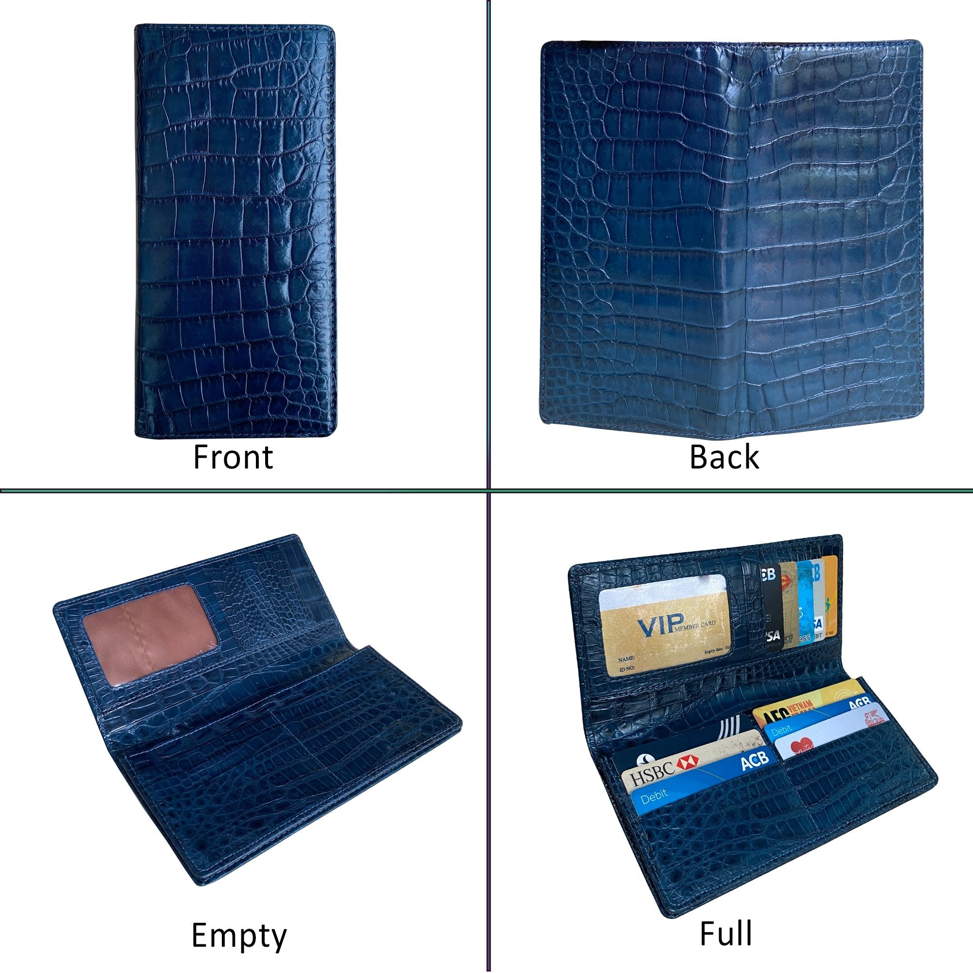Navy Blue Double Side Alligator Long Wallet For Men | Premium Crocodile Leather Checkbook RFID Blocking | LON44-CS - Vinacreations