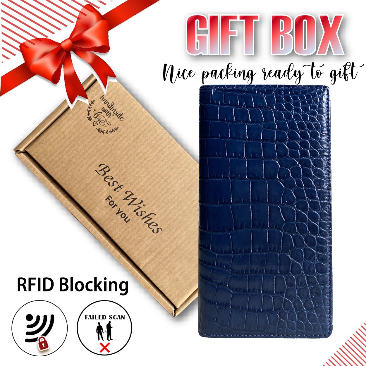 Navy Blue Double Side Alligator Long Wallet For Men | Premium Crocodile Leather Checkbook RFID Blocking | LON44-CS - Vinacreations