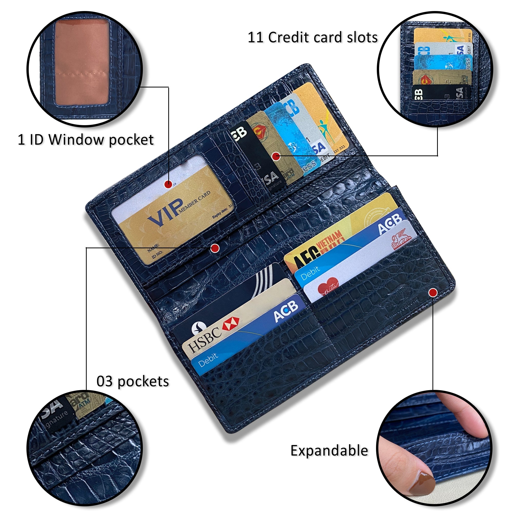 Navy Blue Double Side Alligator Long Wallet For Men | Premium Crocodile Leather Checkbook RFID Blocking | LON44-CS - Vinacreations