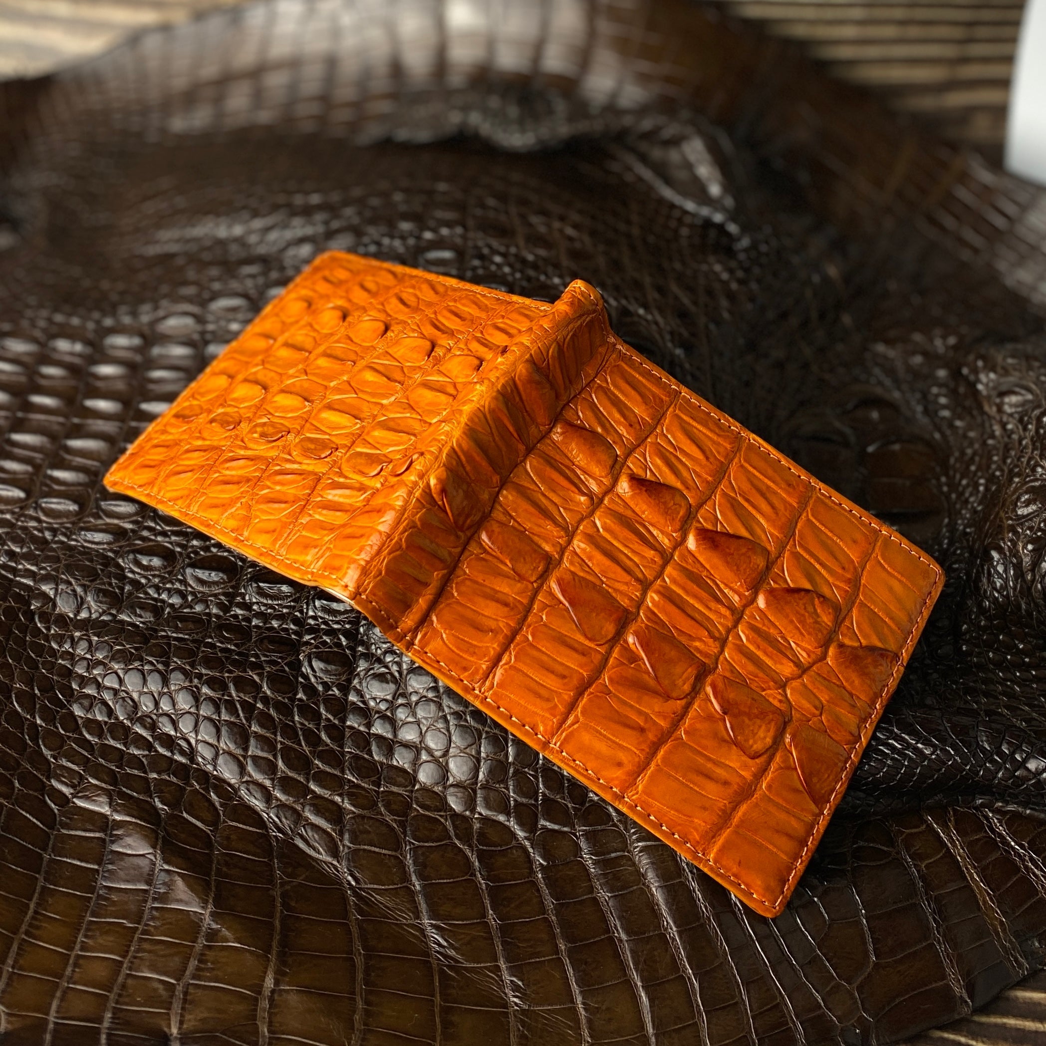 Orange Alligator Tail Leather Bifold Wallet For Men | Handmade Crocodile Wallet RFID Blocking | VINAM-105 - Vinacreations