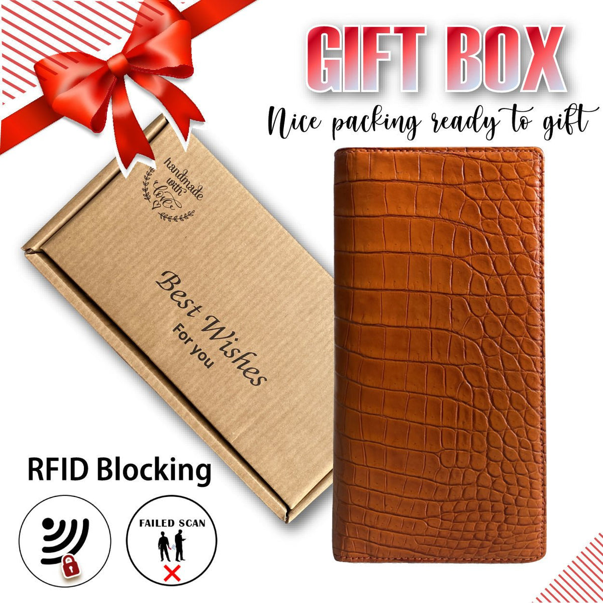 Orange Carrot Double Side Alligator Long Wallet For Men | Premium Crocodile Leather Checkbook RFID Blocking | LON153-CS - Vinacreations