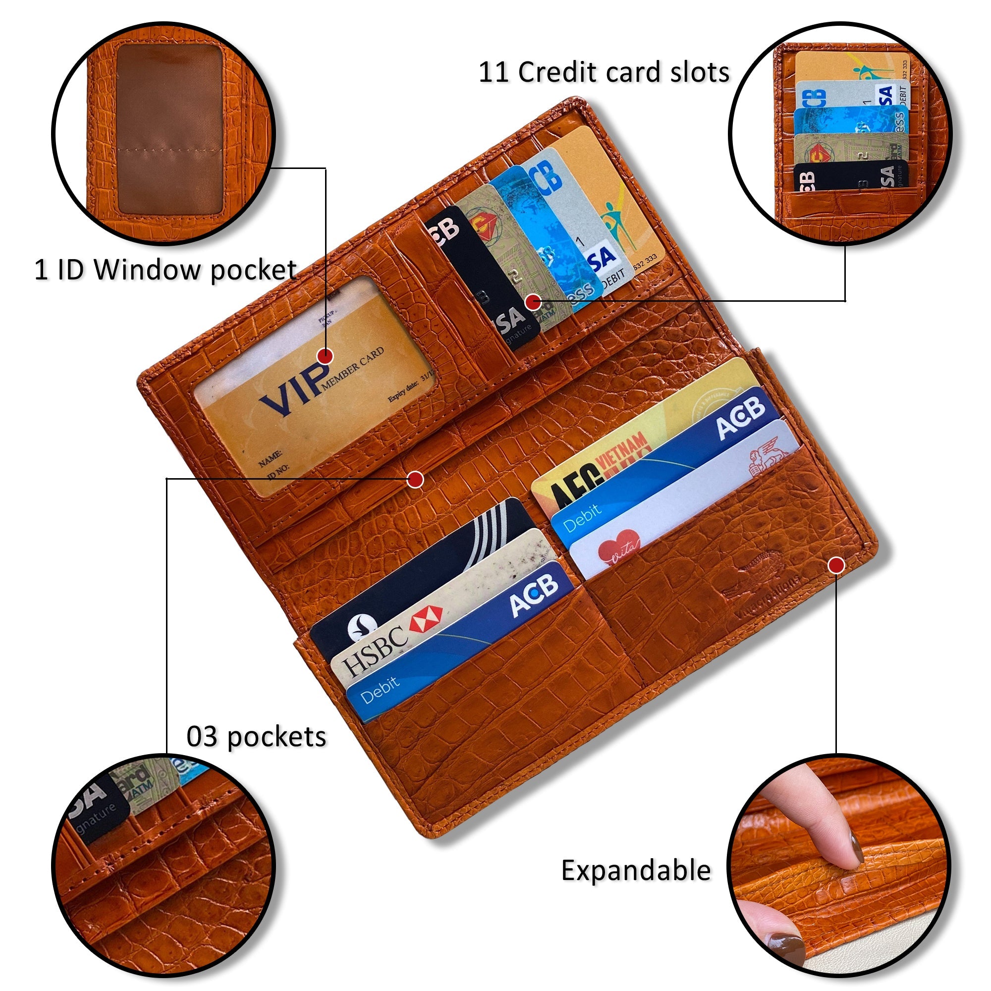 Orange Carrot Double Side Alligator Long Wallet For Men | Premium Crocodile Leather Checkbook RFID Blocking | LON153-CS - Vinacreations