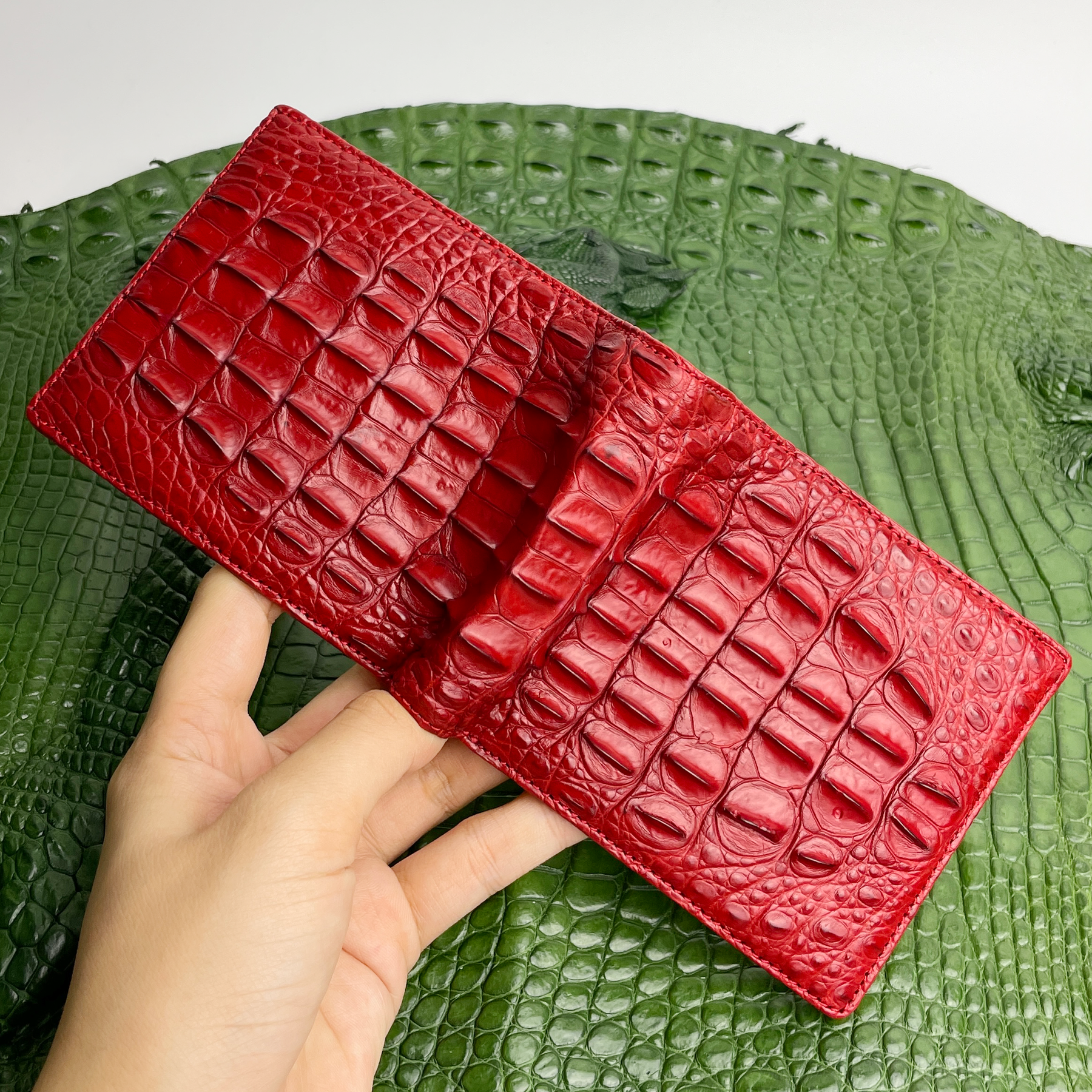 Red Double Side Alligator Hornback Leather Bifold Wallet For Men | Handmade Crocodile Wallet RFID Blocking | VINAM-102