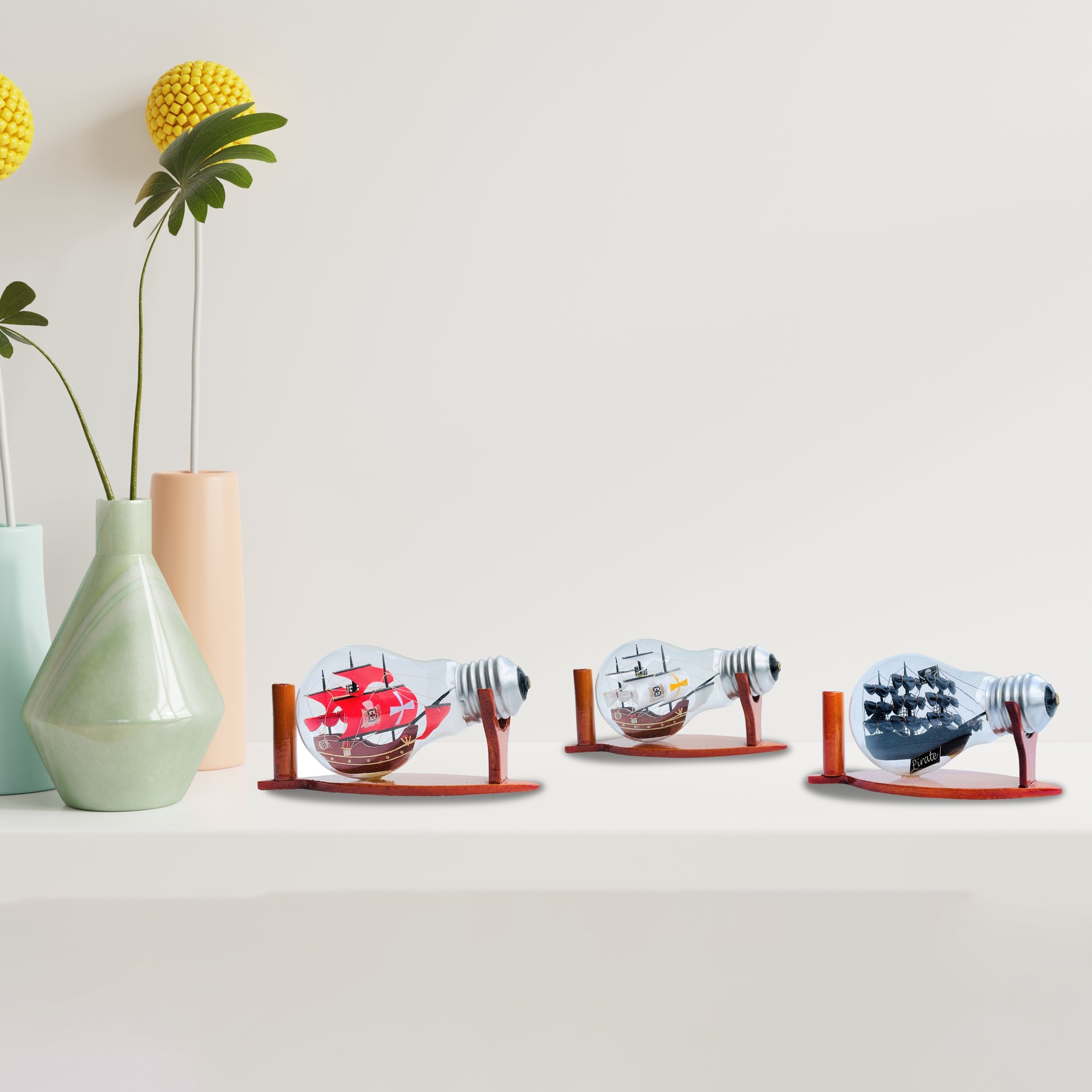 Red Santa Maria Ship In A Bottle Miniature Boat Nautical Home Decor - Vinacreations