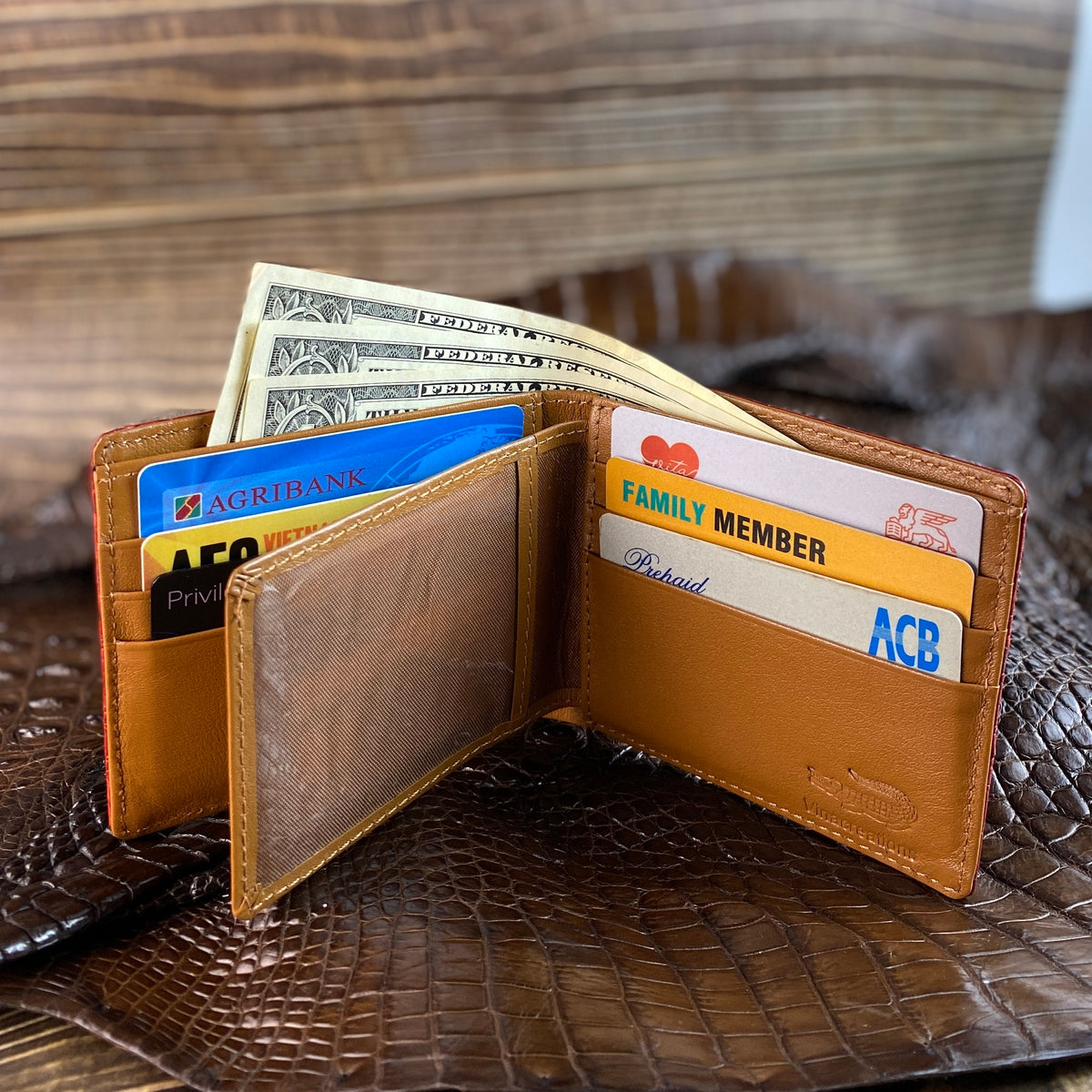 Red Alligator Tail Leather Bifold Wallet For Men