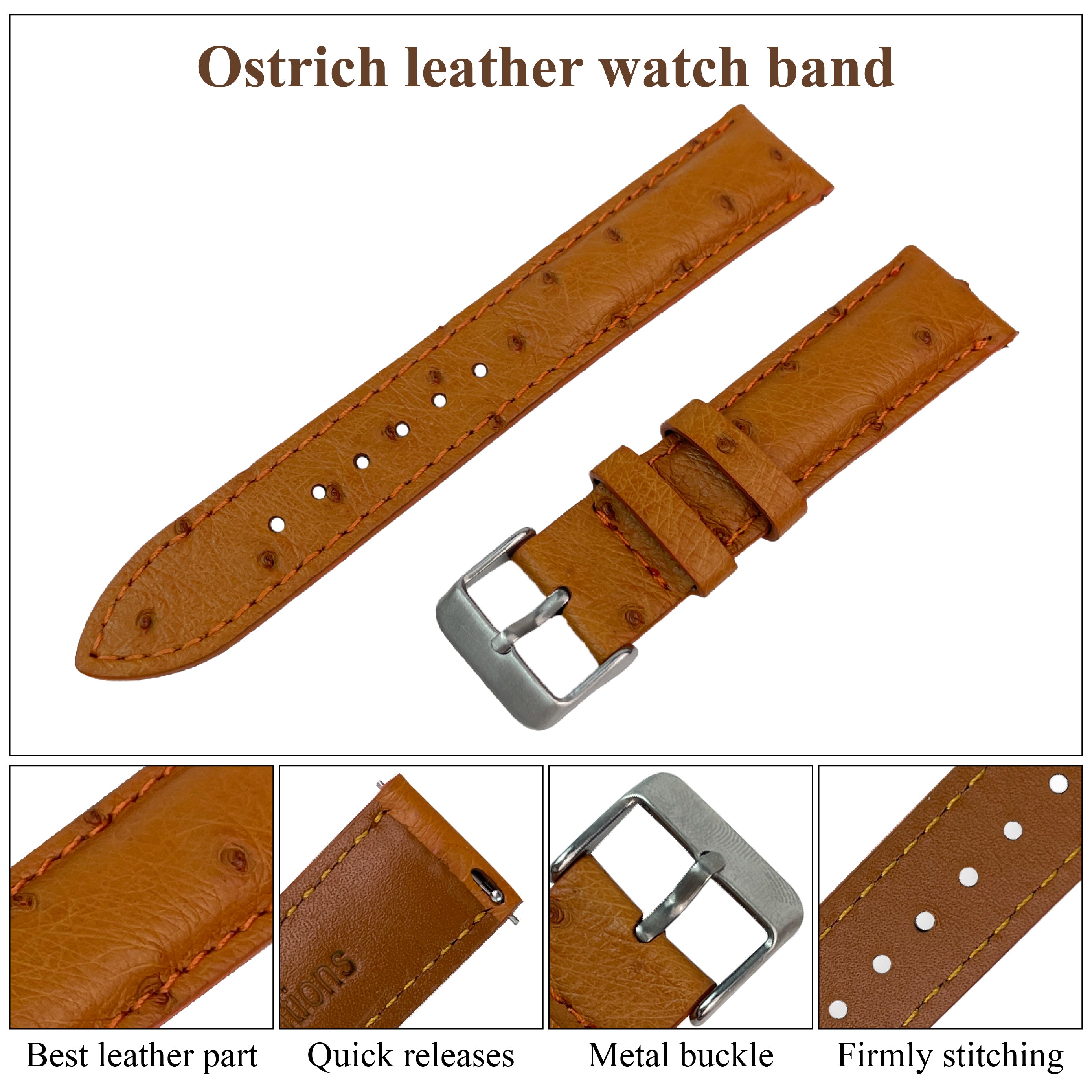 Handmade Genuine Ostrich Leather Watch Strap 18mm 20mm 22mm