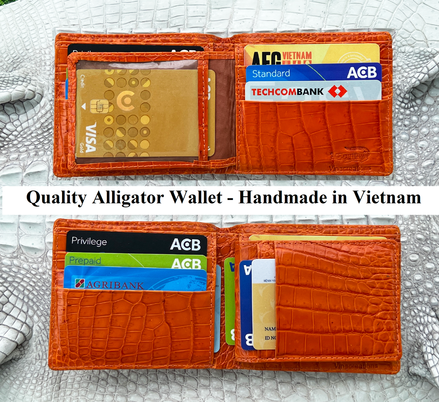 Orange Double Side Alligator Hornback Leather Bifold Wallet For Men RFID Blocking | VINAM-104