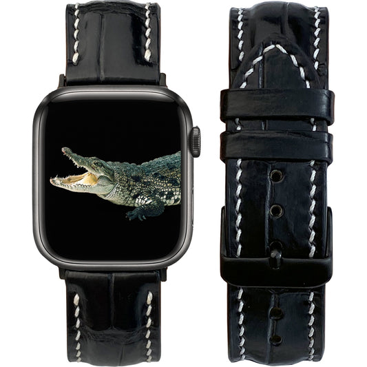 White Hand Stitching Black Alligator Leather Watch Band Compatible with Apple Watch IWatch Series 7 6 5 4 3 2 1 | AW-154 - Vinacreations
