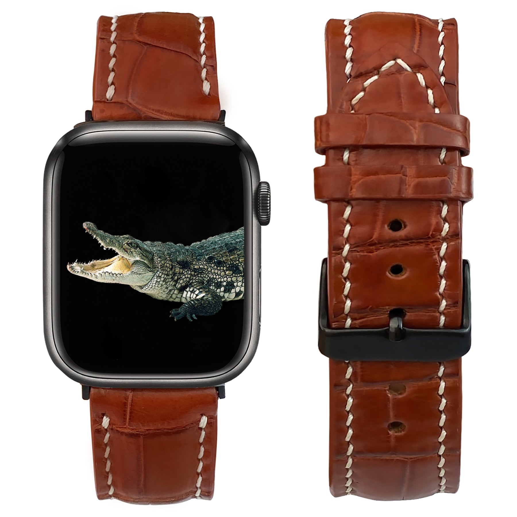 White Hand Stitching Brown Alligator Leather Watch Band Compatible with Apple Watch IWatch Series 7 6 5 4 3 2 1 SE | AW-157 - Vinacreations