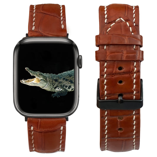 White Hand Stitching Brown Alligator Leather Watch Band Compatible with Apple Watch IWatch Series 7 6 5 4 3 2 1 SE | AW-157 - Vinacreations