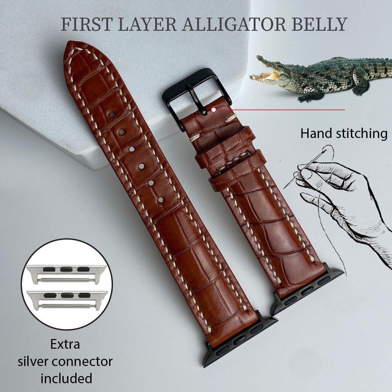 White Hand Stitching Brown Alligator Leather Watch Band Compatible with Apple Watch IWatch Series 7 6 5 4 3 2 1 SE | AW-157 - Vinacreations