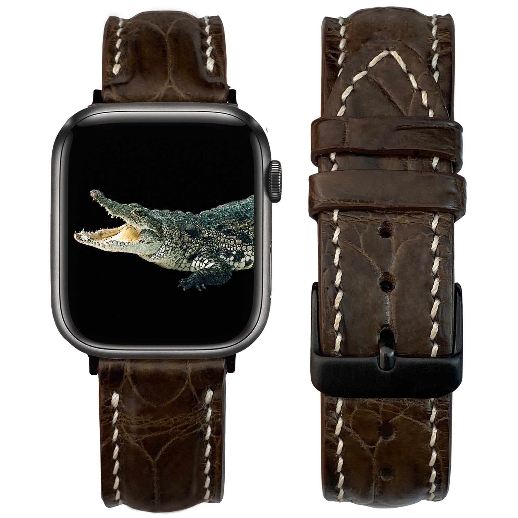 White Hand Stitching Dark Brown Alligator Leather Watch Band Compatible with Apple Watch IWatch Series 7 6 5 4 3 2 1 | AW-155 - Vinacreations