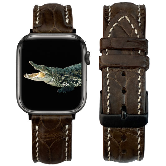 White Hand Stitching Dark Brown Alligator Leather Watch Band Compatible with Apple Watch IWatch Series 7 6 5 4 3 2 1 | AW-155 - Vinacreations