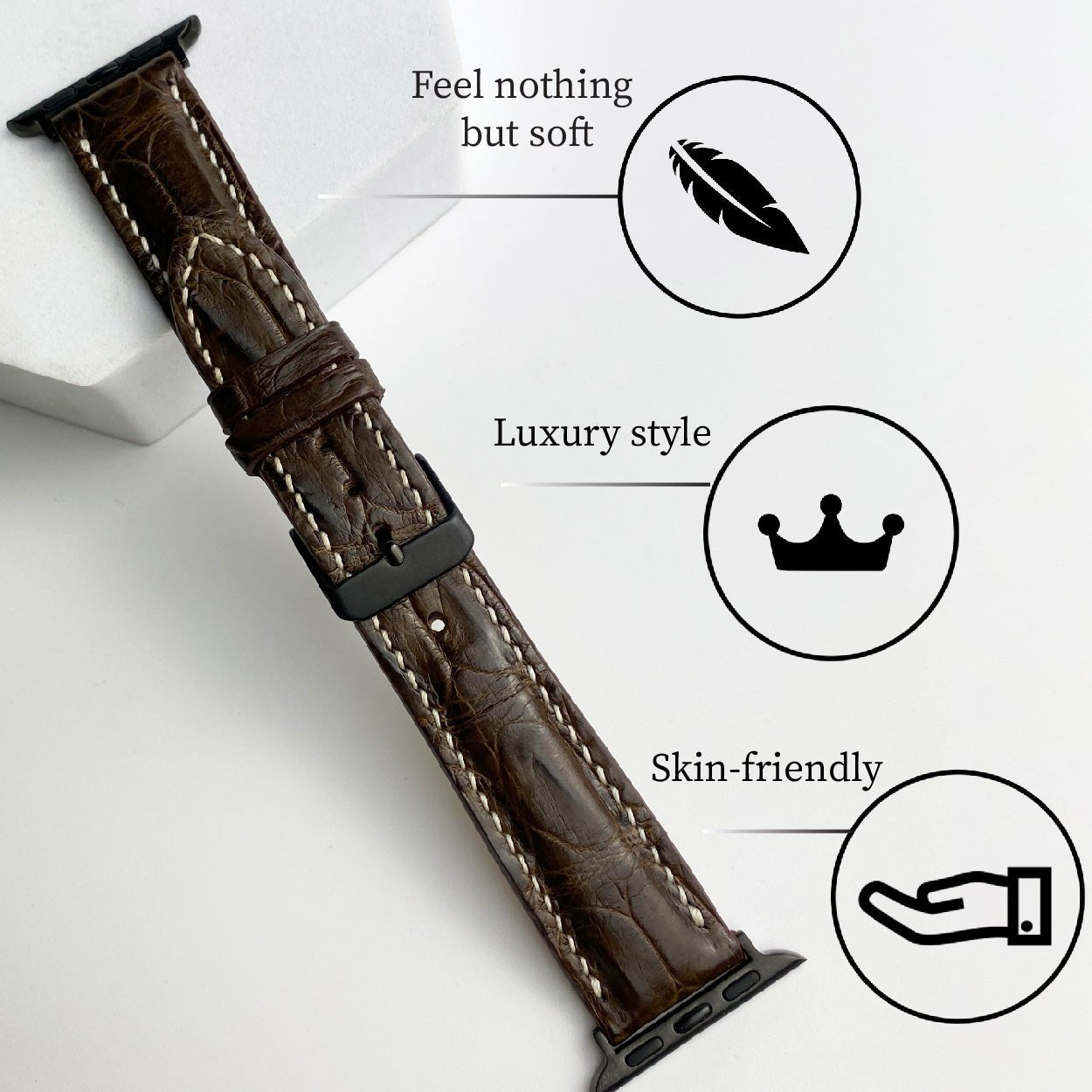 White Hand Stitching Dark Brown Alligator Leather Watch Band Compatible with Apple Watch IWatch Series 7 6 5 4 3 2 1 | AW-155 - Vinacreations