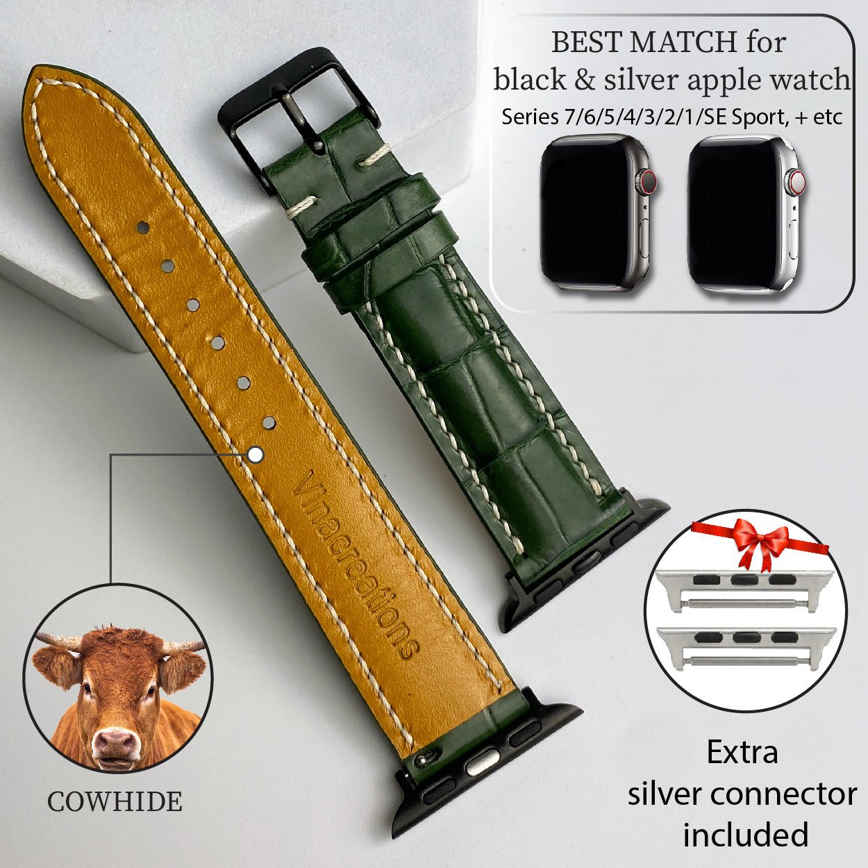 White Hand Stitching Green Alligator Leather Watch Band Compatible with Apple Watch IWatch Series 7 6 5 4 3 2 1 | AW-158 - Vinacreations