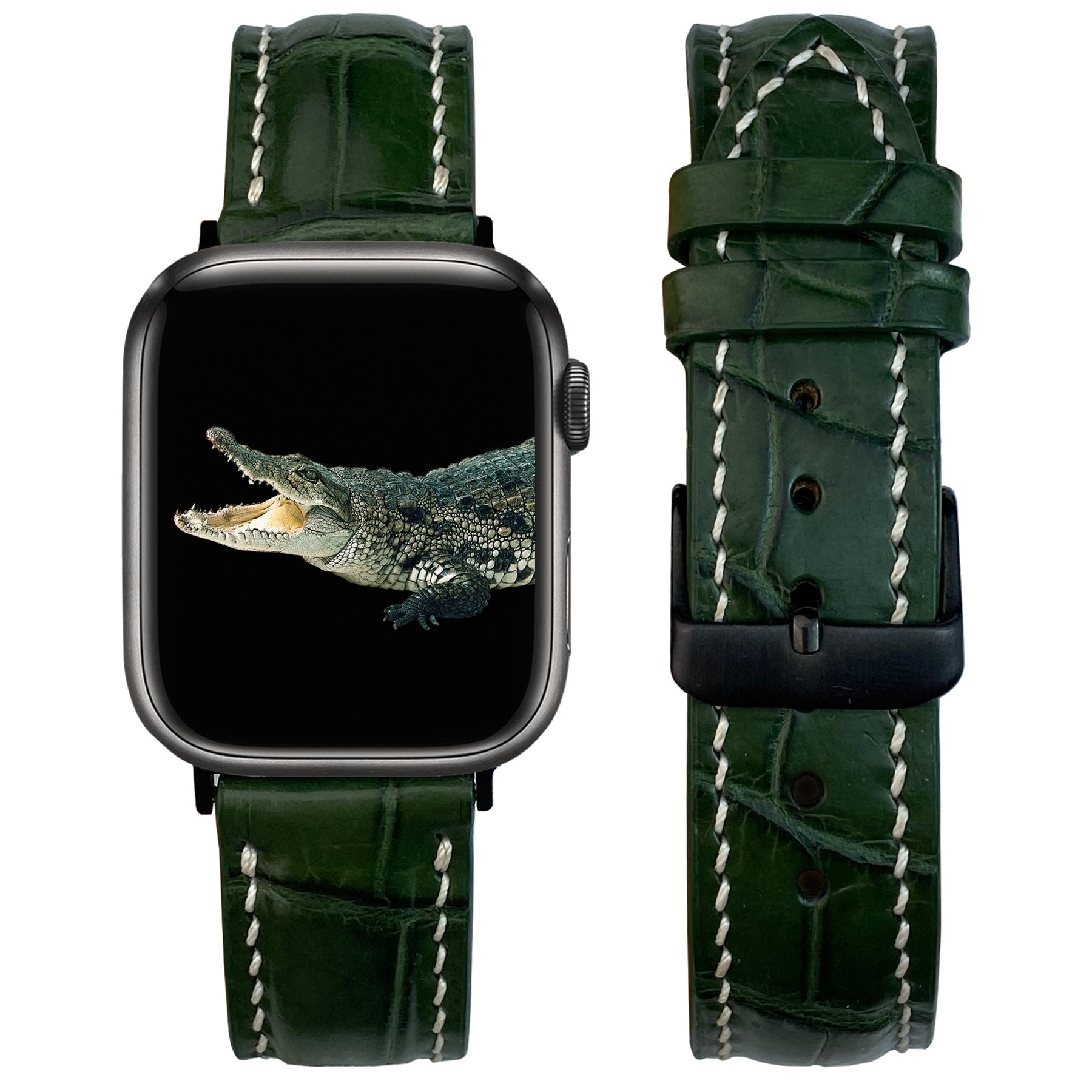 White Hand Stitching Green Alligator Leather Watch Band Compatible with Apple Watch IWatch Series 7 6 5 4 3 2 1 | AW-158 - Vinacreations