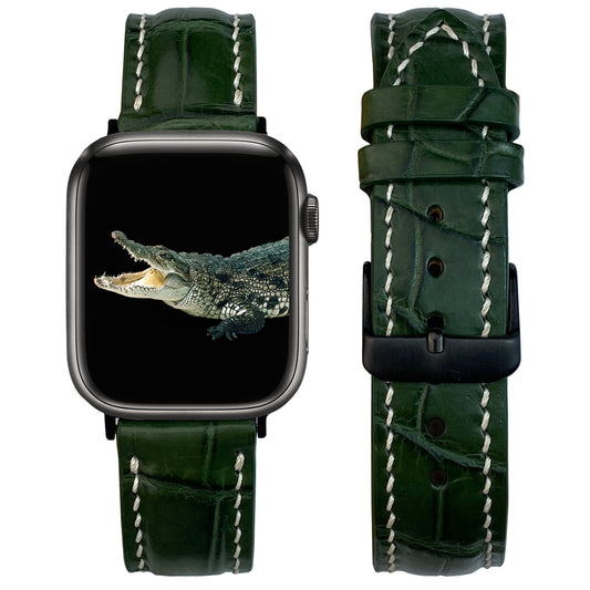 White Hand Stitching Green Alligator Leather Watch Band Compatible with Apple Watch IWatch Series 7 6 5 4 3 2 1 | AW-158 - Vinacreations