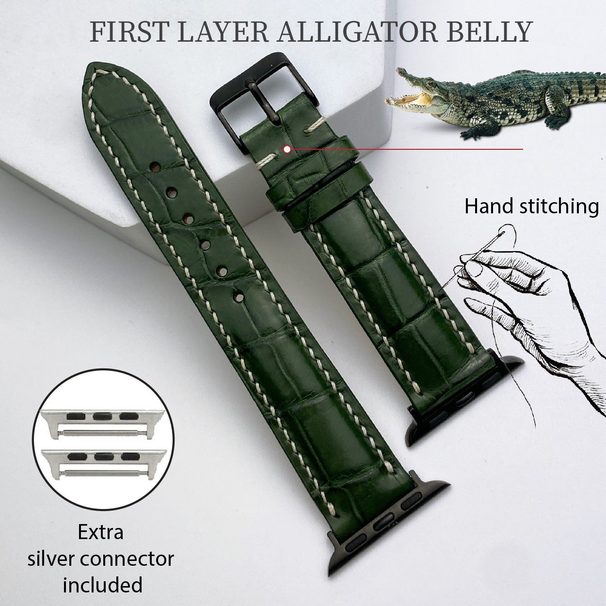 White Hand Stitching Green Alligator Leather Watch Band Compatible with Apple Watch IWatch Series 7 6 5 4 3 2 1 | AW-158 - Vinacreations
