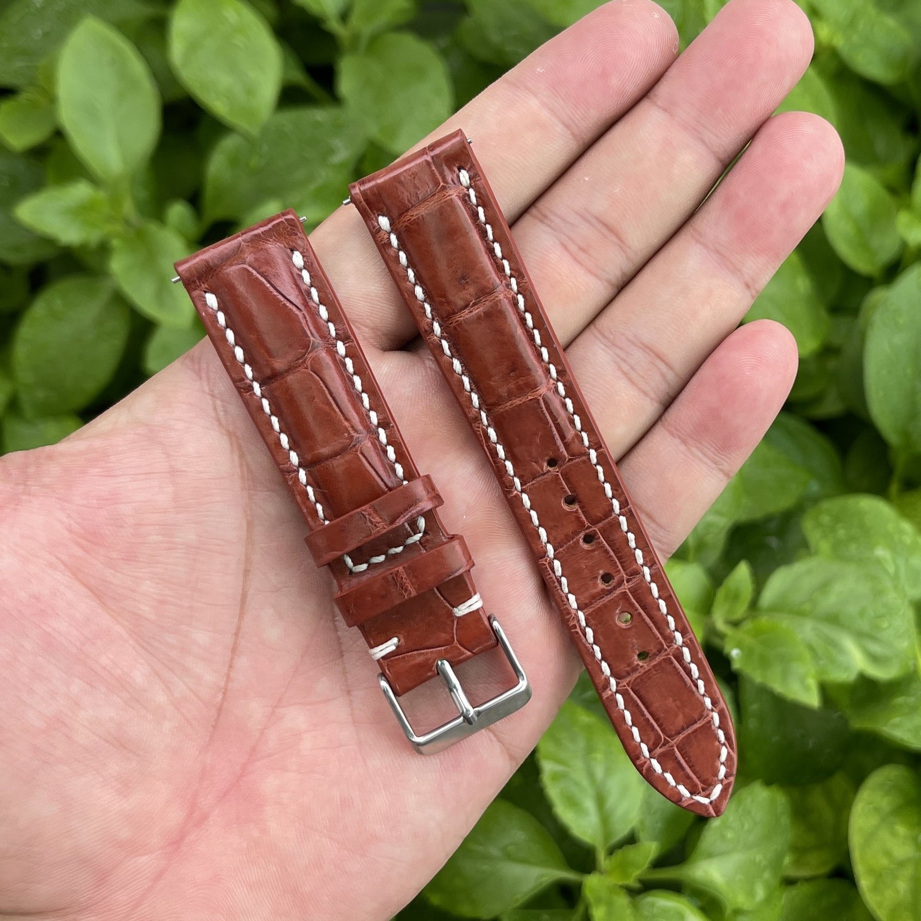 White Hand Stitching Light Brown Alligator Leather Watch Band For Men | Premium Crocodile Replacement Wristwatch Strap | DH-157 - Vinacreations