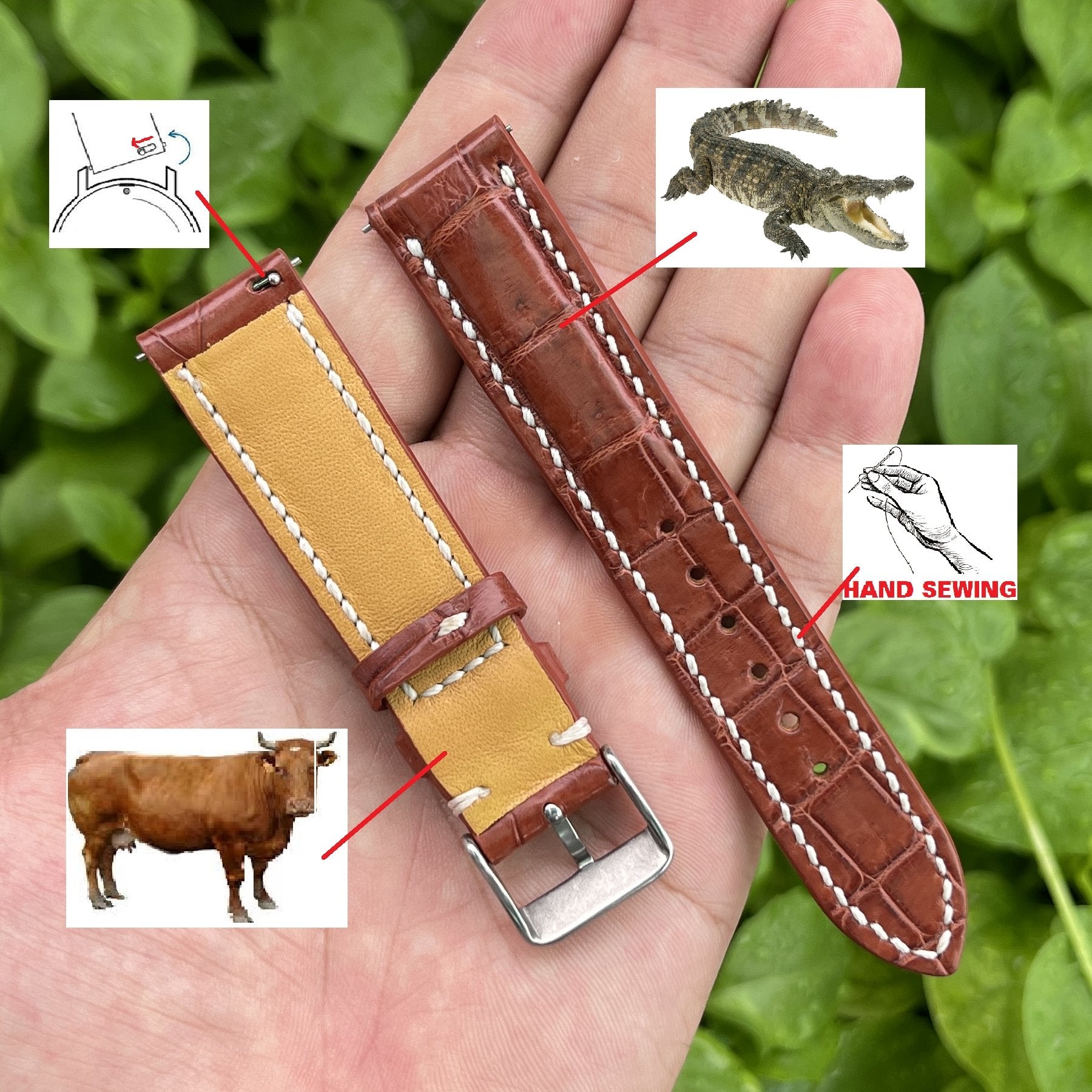 White Hand Stitching Light Brown Alligator Leather Watch Band For Men | Premium Crocodile Replacement Wristwatch Strap | DH-157 - Vinacreations