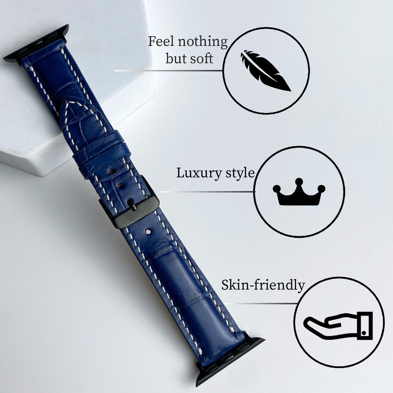 White Hand Stitching Navy Blue Alligator Leather Watch Band Compatible with Apple Watch IWatch Series 7 6 5 4 3 2 1 | AW-156 - Vinacreations