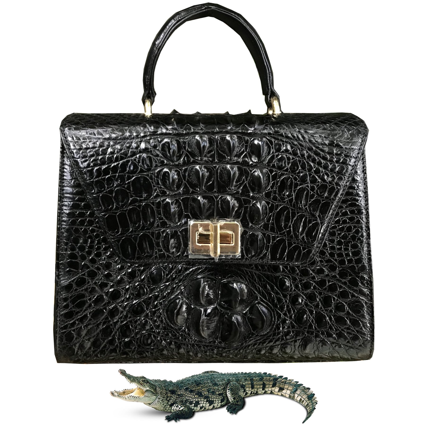 Women Crocodile Handbags Top Handle Alligator Leather Shoulder Messenger Bag Lady Fashion Daily Totes - Black - Vinacreations