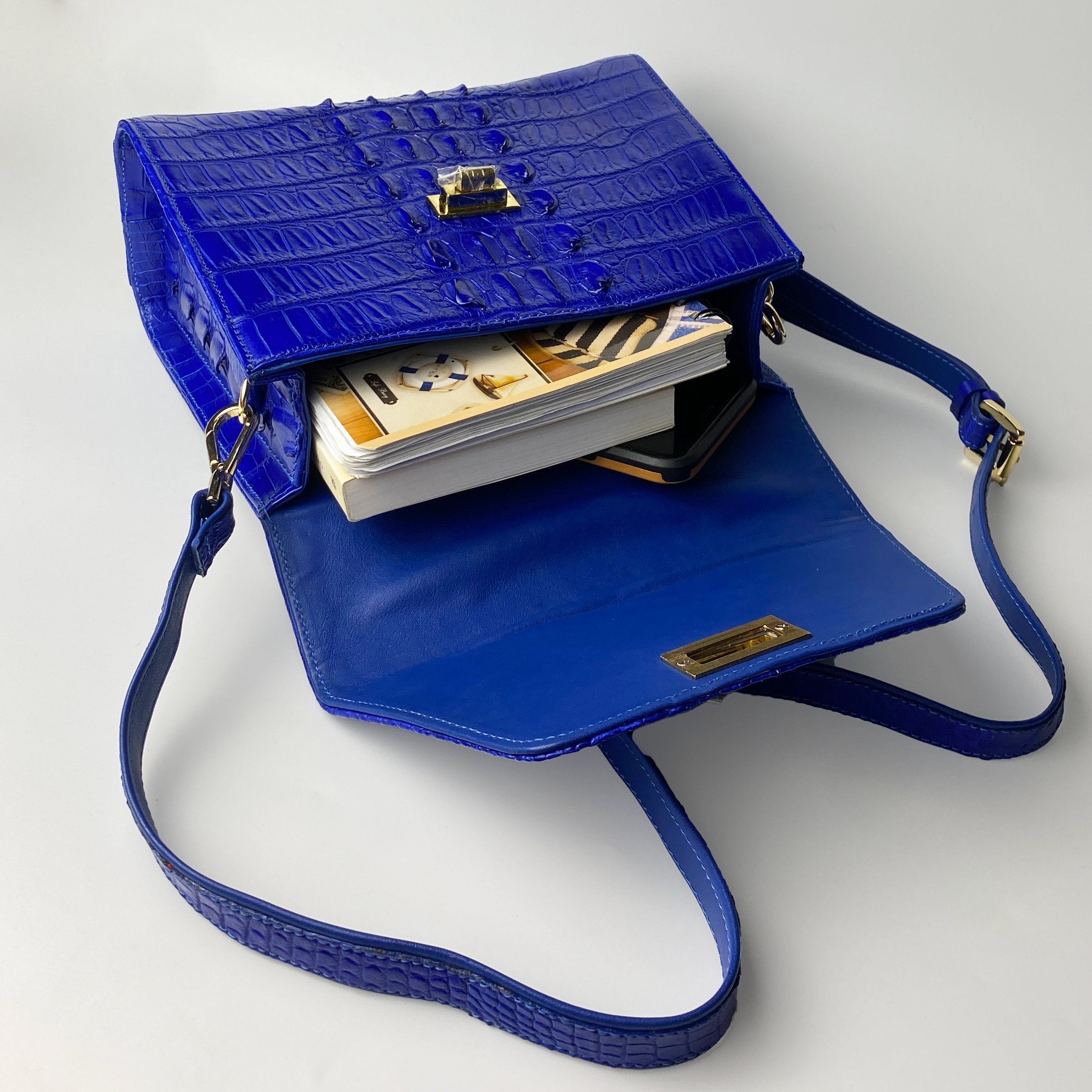 Women Crocodile Handbags Top Handle Alligator Leather Shoulder Messenger Bag Lady Fashion Daily Totes - Blue - Vinacreations