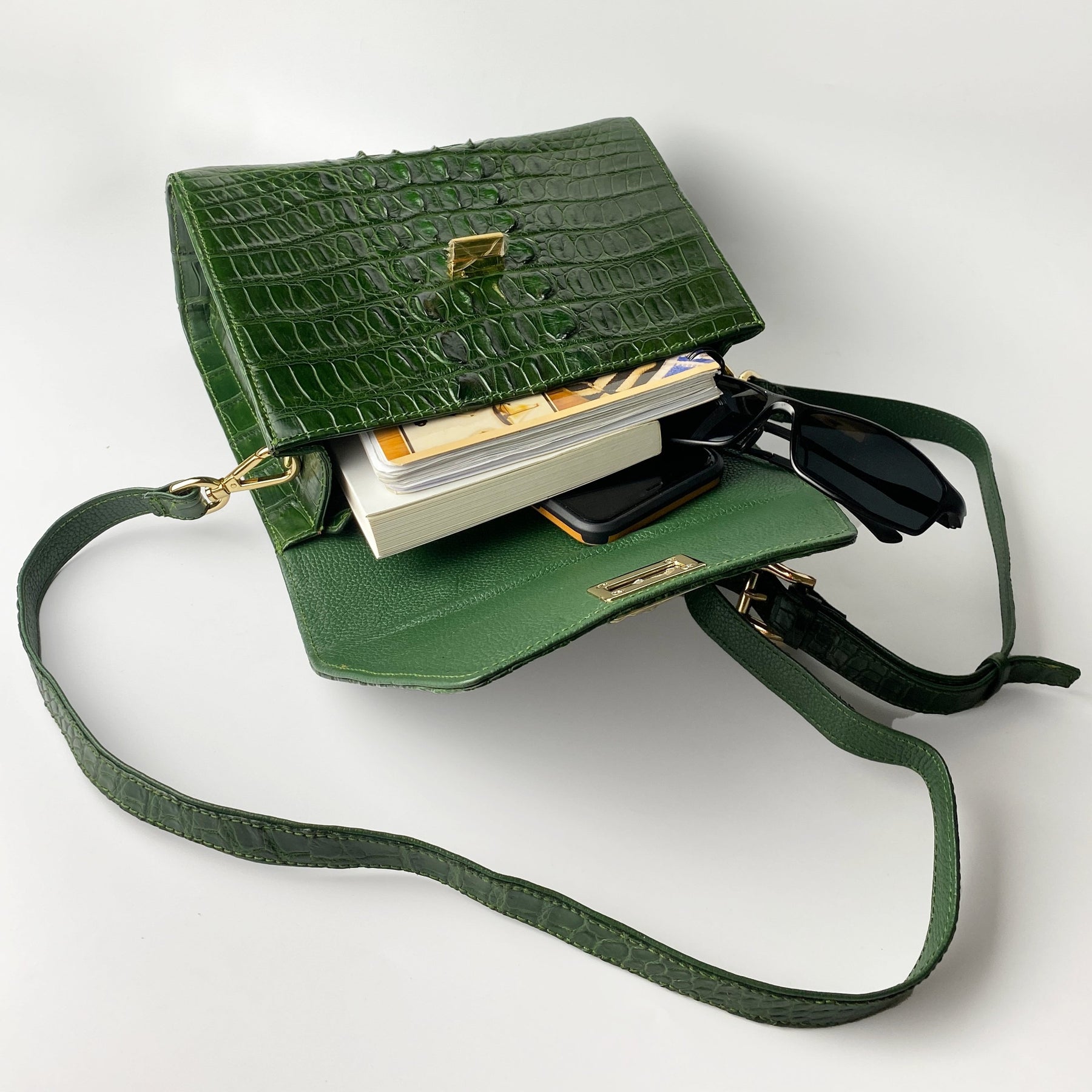 Women Crocodile Handbags Top Handle Alligator Leather Shoulder Messenger Bag Lady Fashion Daily Totes - Green - Vinacreations