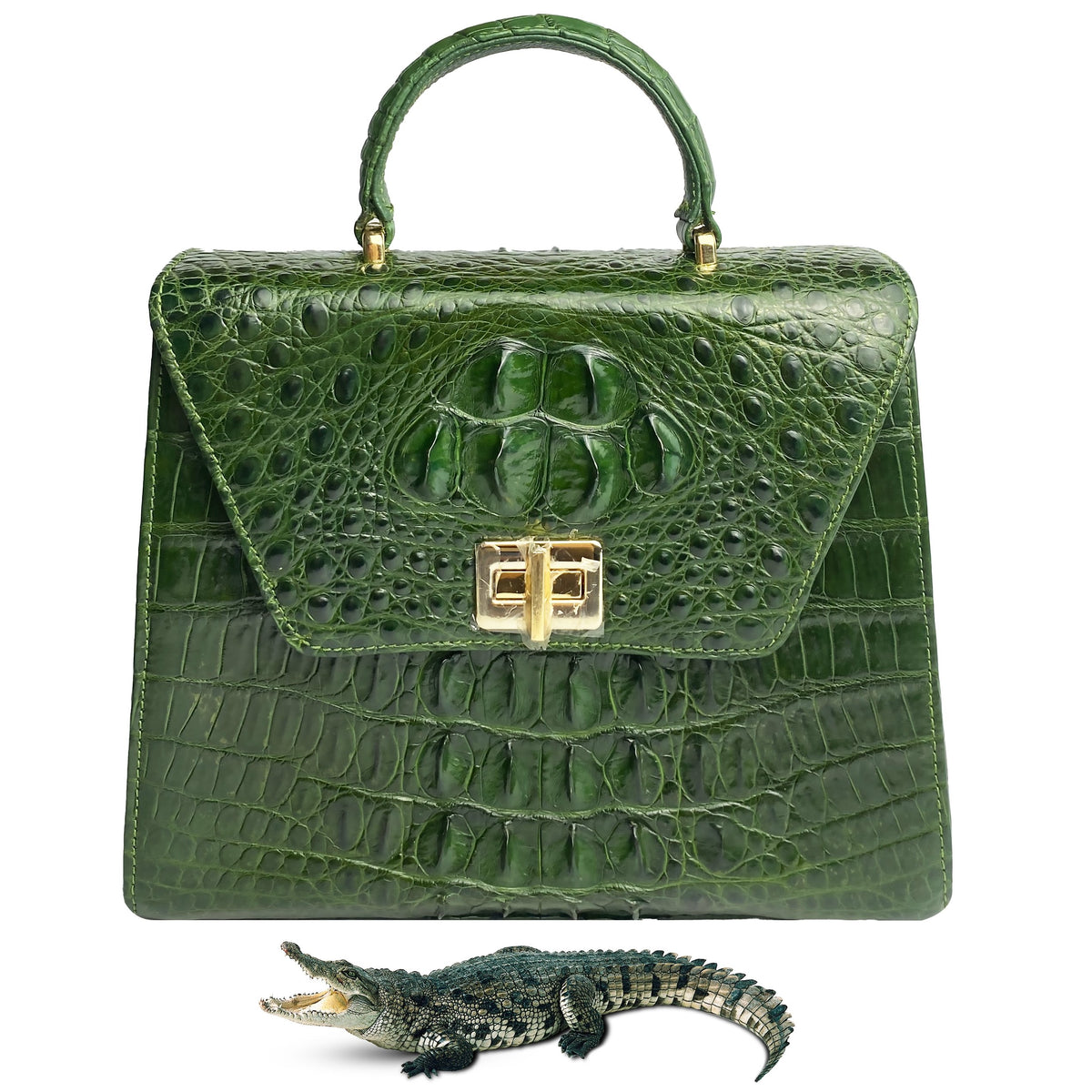Women Crocodile Handbags Top Handle Alligator Leather Shoulder Messenger Bag Lady Fashion Daily Totes - Green - Vinacreations