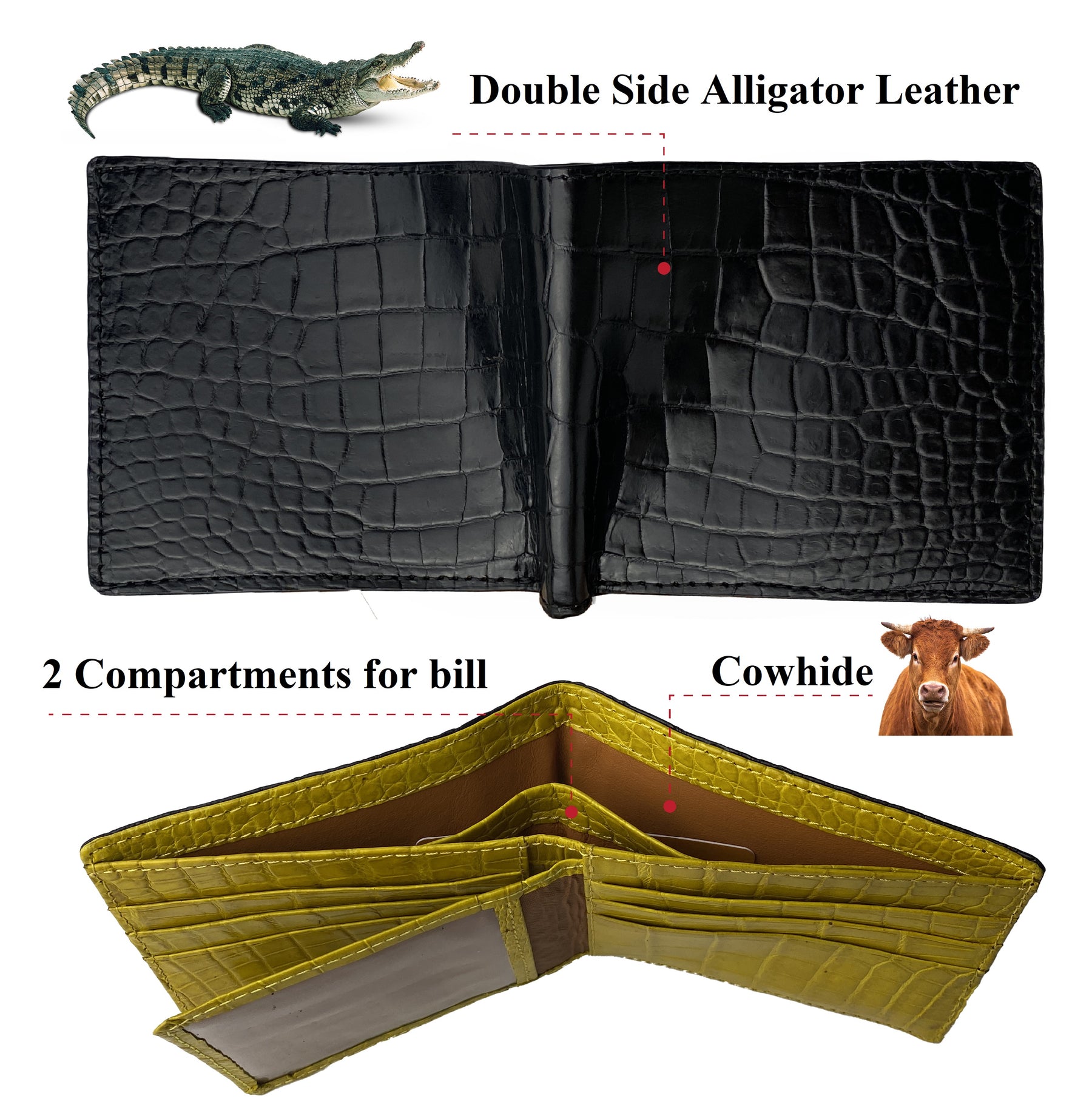 Black Yellow Double Side Alligator Leather Classic Bifold Wallet For Men
