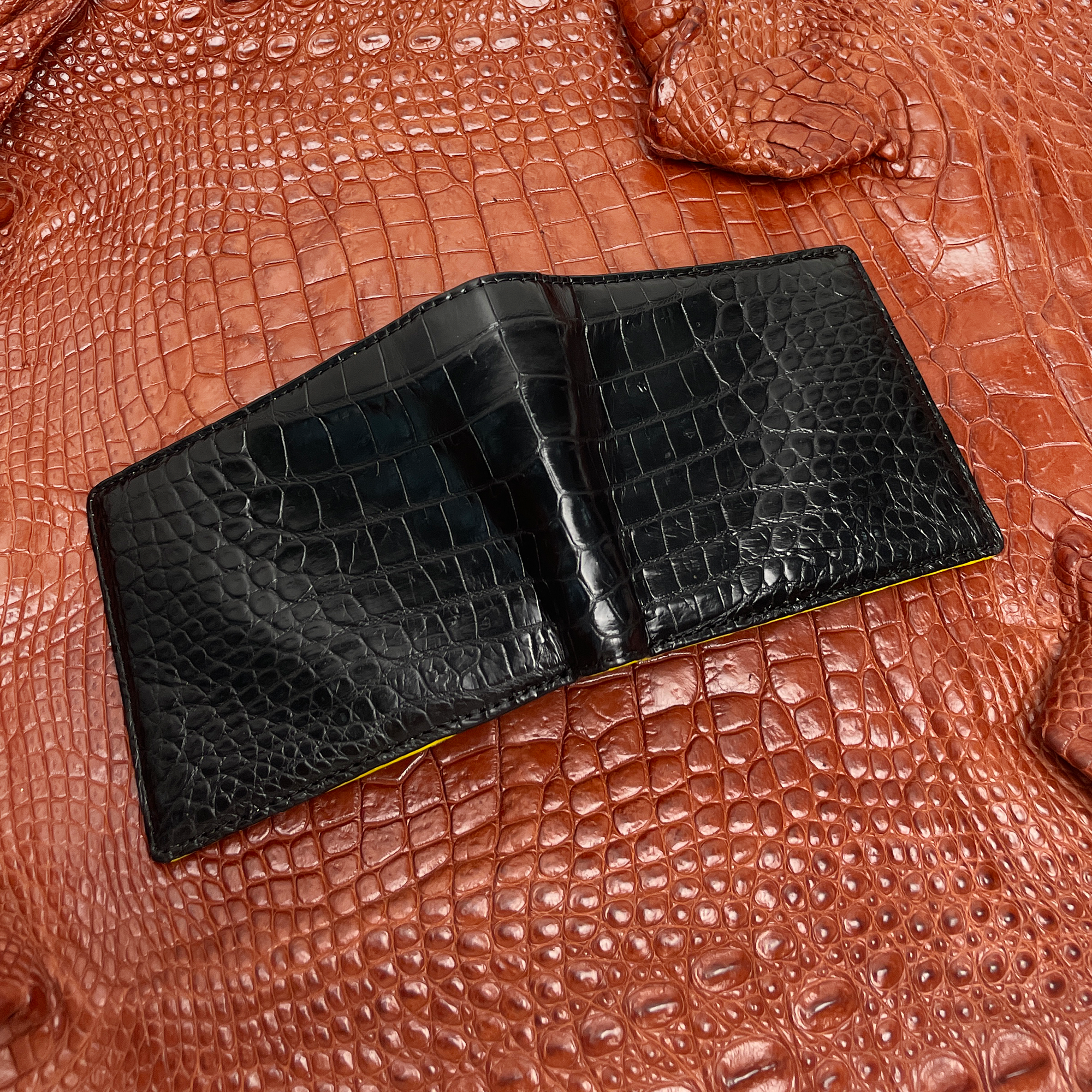 Black Yellow Double Side Alligator Leather Slim Bifold Wallet For Men 